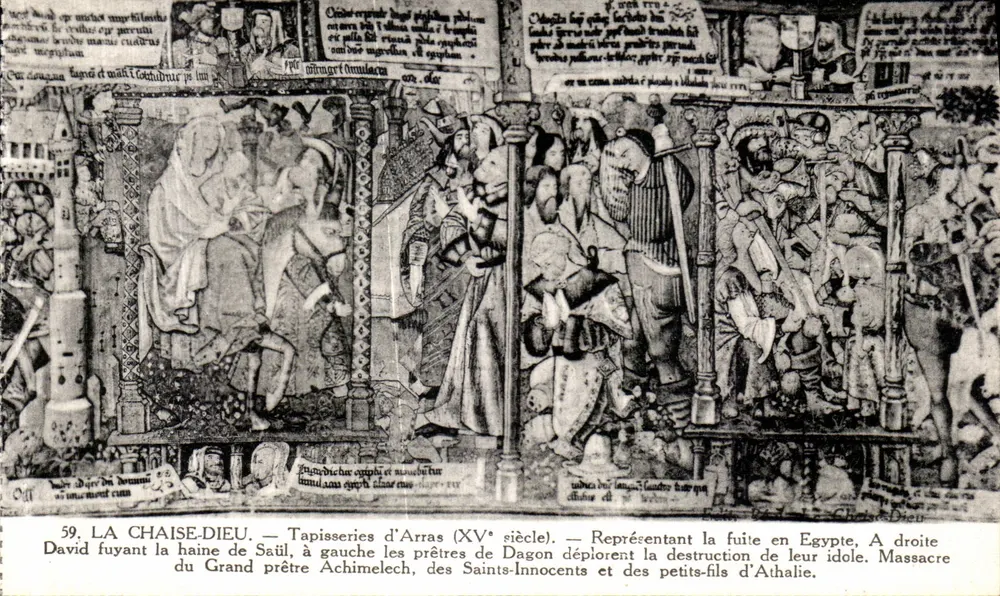 La Chaise-Dieu — Arras-Teppiche (15. Jahrhundert) — Darstellend Davids Flucht nach Ägypten, links die Priester Dagon trauern über die Zerstörung ihrer Gottheit, rechts das Massaker an den Enkeln Athaliahs - Vorderseite