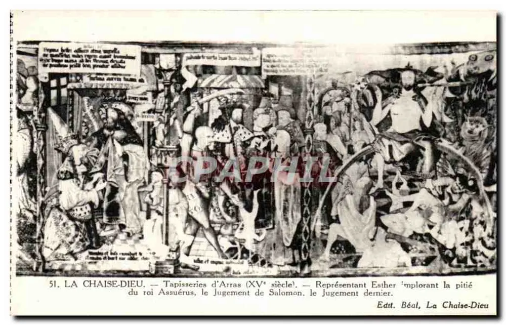 La Chaise-Dieu — Arras-Teppiche (15. Jahrhundert) — Darstellung Esther, die die Gnade des Königs Ahasverus bittet, das Gericht Salomons, das Gericht des Letzten Tages - Vorderseite