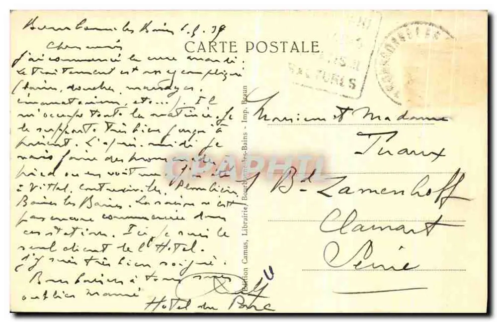 Bourbonne-les-Bains — Une échappée sur la ville — Imp. Camus, Librairie Bourbonne-les-Bains - Verso