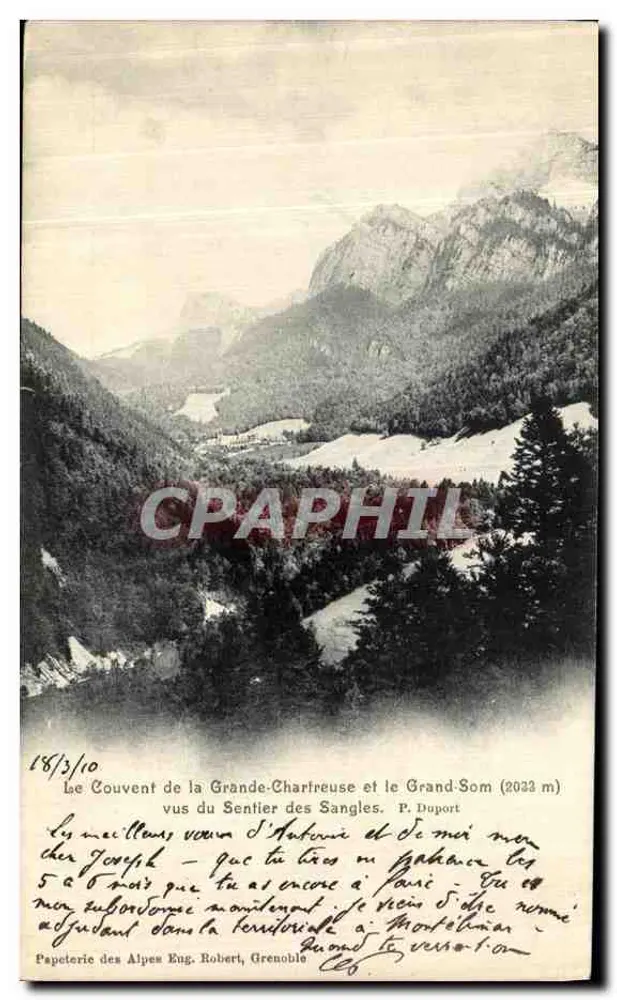 Das Kloster La Grande-Chartreuse und der Grand-Som (2033 m) — von der Sentier des Sangles aus gesehen — Papeterie des Alpes Eug. Robert, Grenoble - Vorderseite
