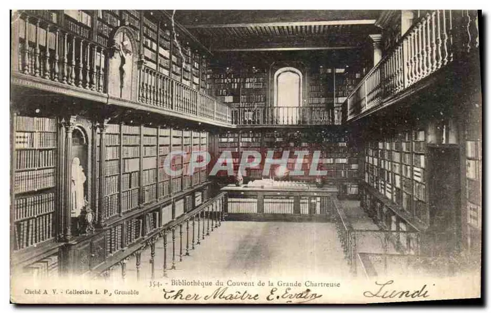 Biblioteca do Convento da Grande Chartreuse — vista interna — Cliché A. V., Coleção L. P., Grenoble - Frente