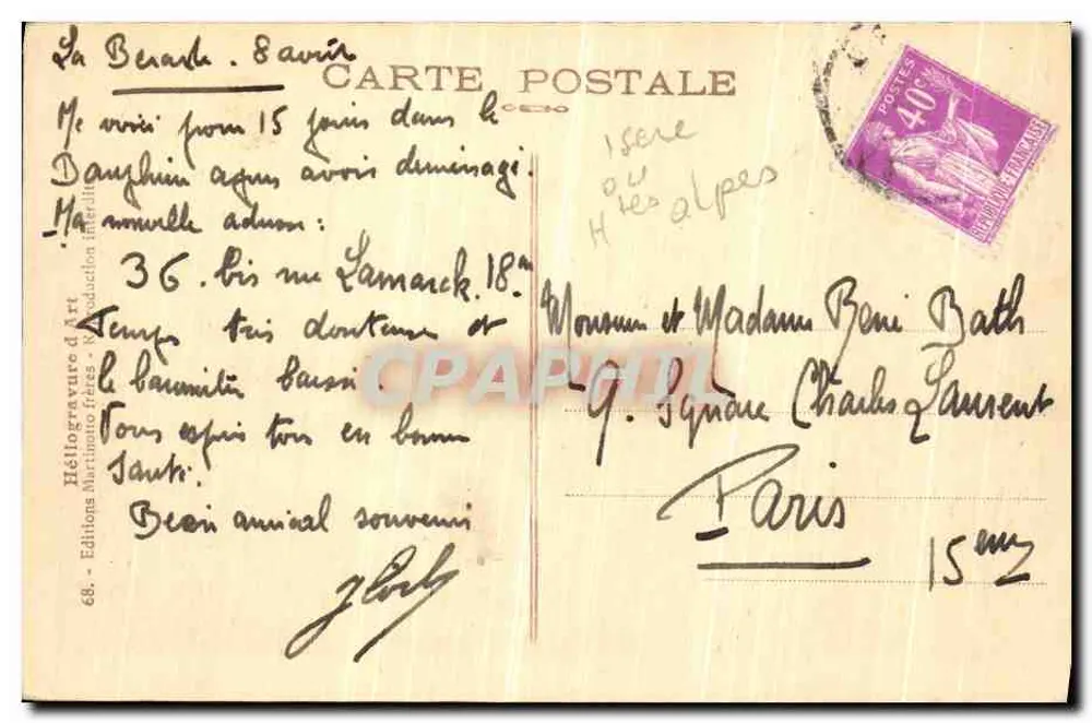 A Estrada de La Bérarde — Les Étages — Héliogravure d'Art - Verso