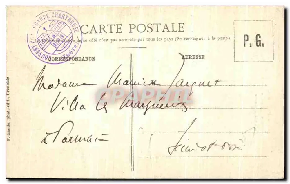 Grande-Chartreuse — Entrada do Deserto — P. Léaude, fot.édit., Grenoble, n°629 - Verso