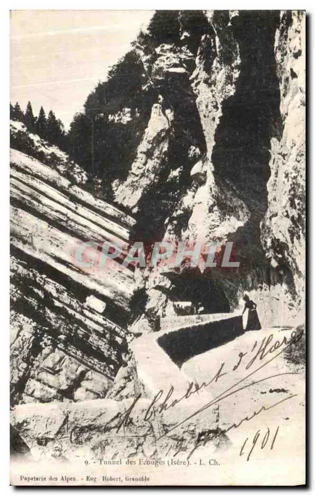 Tunnel des Écouges (Isère) — vue du tunnel dans un canyon rocheux — Papeterie des Alpes, Eugène Robert, Grenoble - Frente