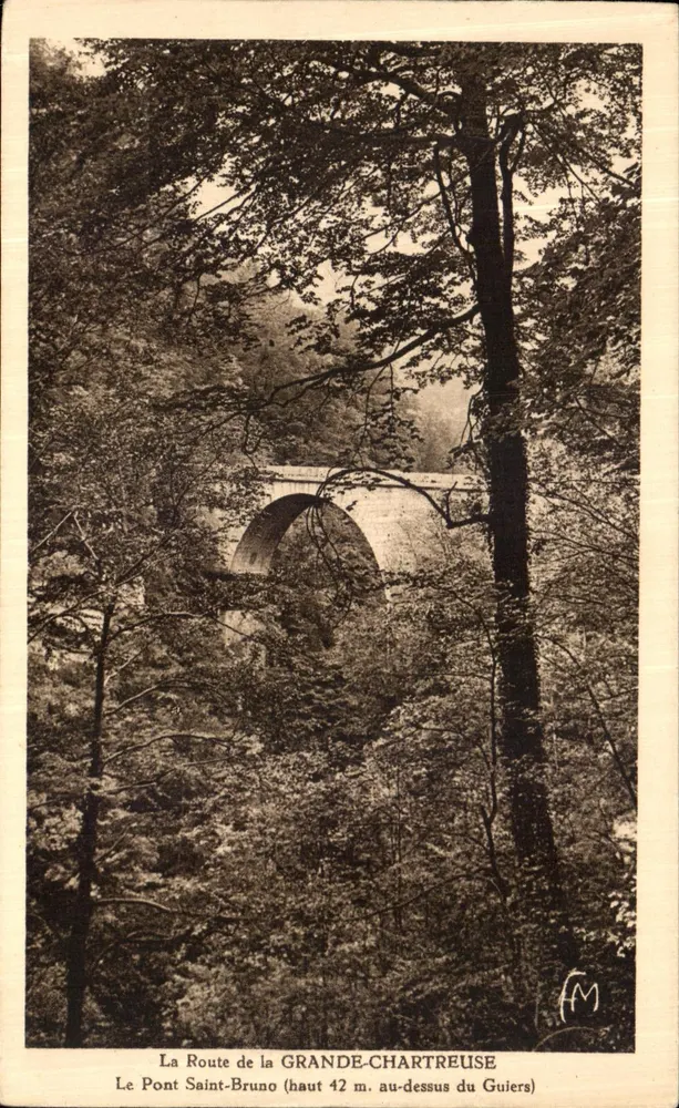 Die Brücke Saint-Bruno — 42 m hoch über den Guilers — GRANDE-CHARTREUSE — Heliogravure Martino Fieres - Vorderseite