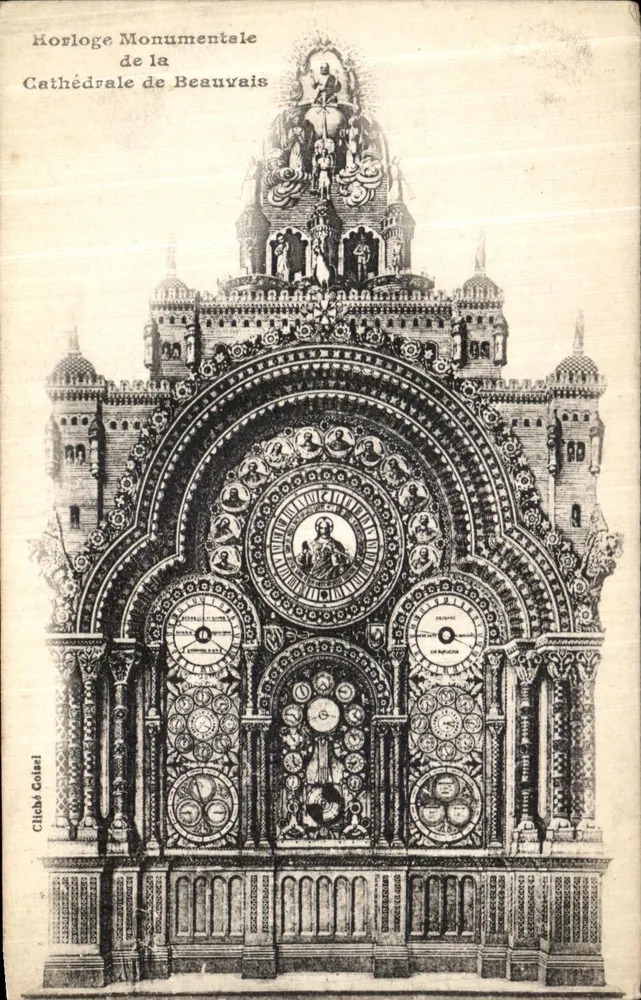 Monumentale Uhr der Kathedrale von Beauvais — gravurierte Illustration, Verlag Cliché Coisel - Vorderseite