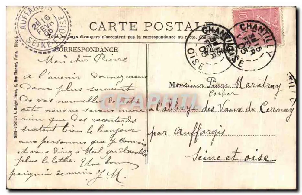 Chantilly - Castelo das Fontaines — Mme. Vve. Robineau, editora, Chantilly - Verso