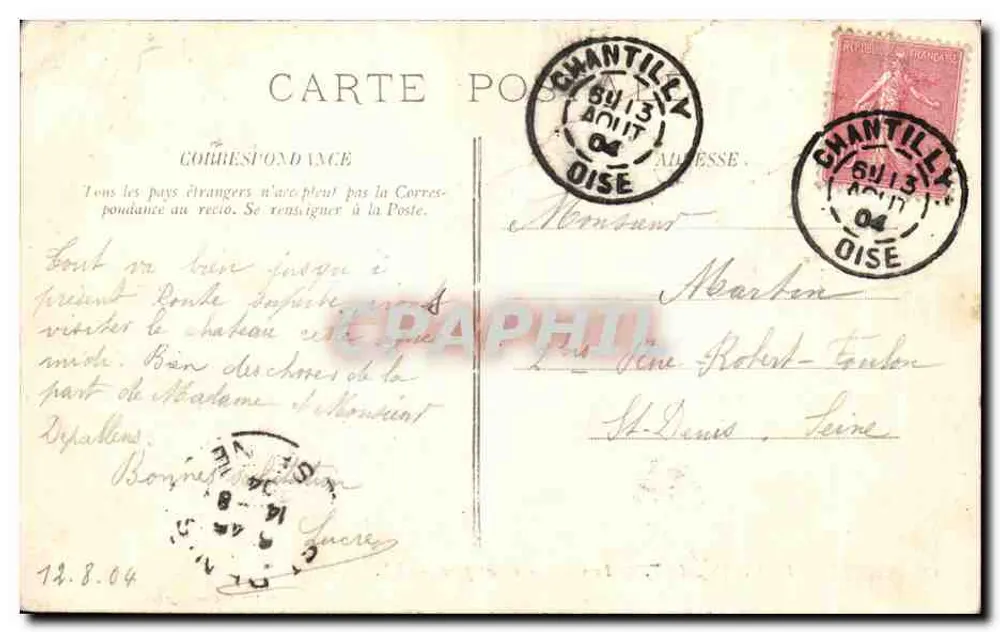 Castelo de Chantilly — O Castelo visto do parque — Robineau Livraria-Editora — Chantilly - Verso