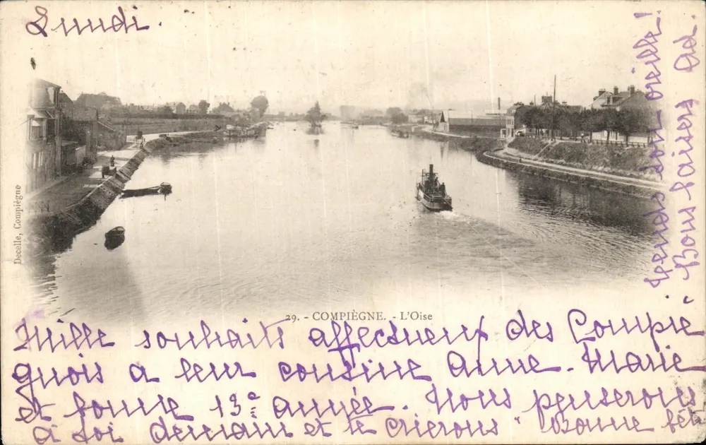 Compiegne - L'Oise — vista do canal com barco a vapor — editor Dacelle, Compiegne, n°29 - Frente
