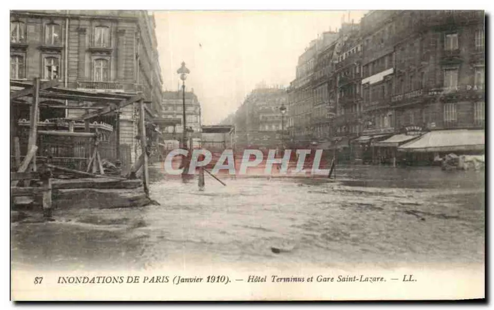 Überschwemmungen in Paris (Januar 1910) — Hotel Terminus und Bahnhof Saint-Lazare — LL. - Vorderseite