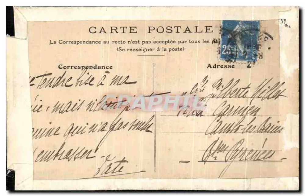 Mulher em traje da época — ilustração gravada — carta postal francesa - Verso