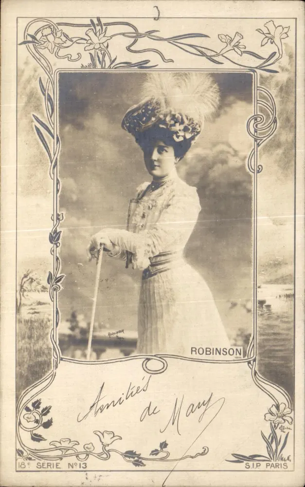 Frau in weißem Kleid und Hut mit Federn — Serie 18e Nr. 13 — Robinson, S.I.P. Paris - Vorderseite