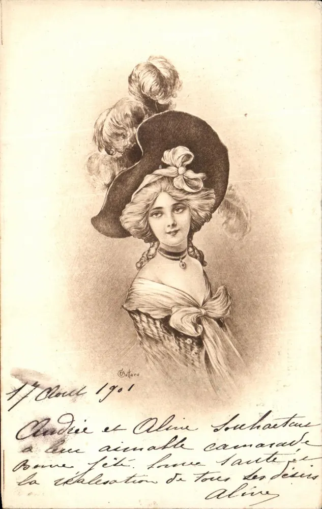 Frau mit Hut aus Federn — signierte Gravur von Collaro — Ausgabe Caprice, Nr. 1468 - Vorderseite