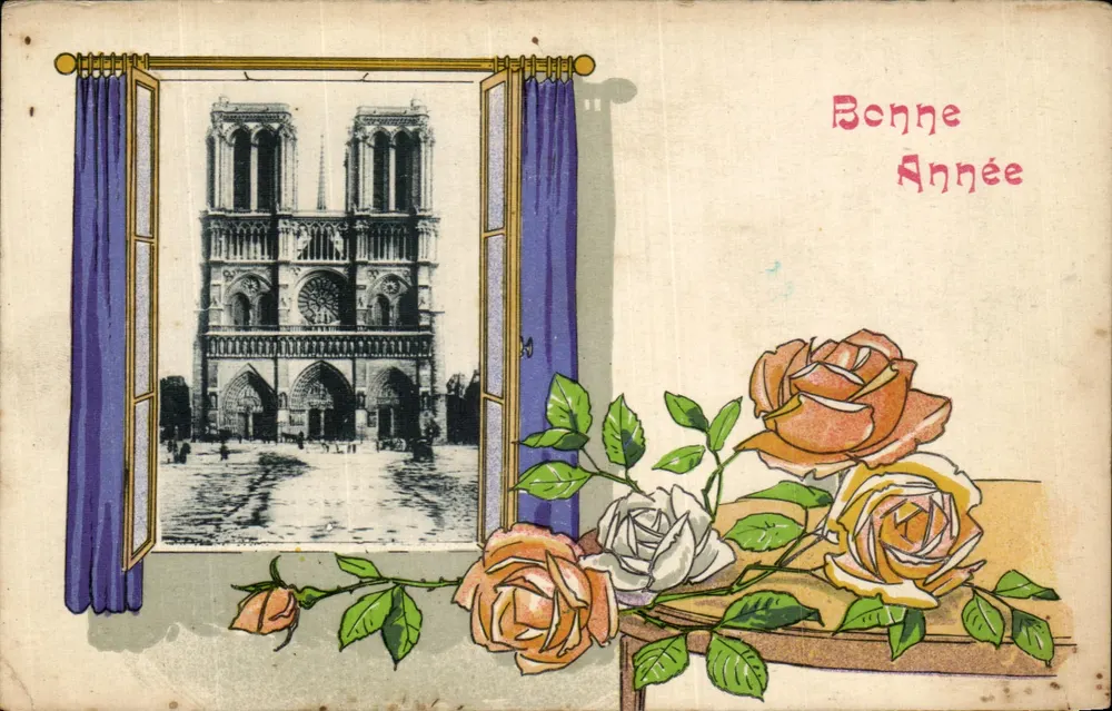Notre-Dame de Paris — vue par une fenêtre avec rideaux bleus — éditeur non visible - Frente