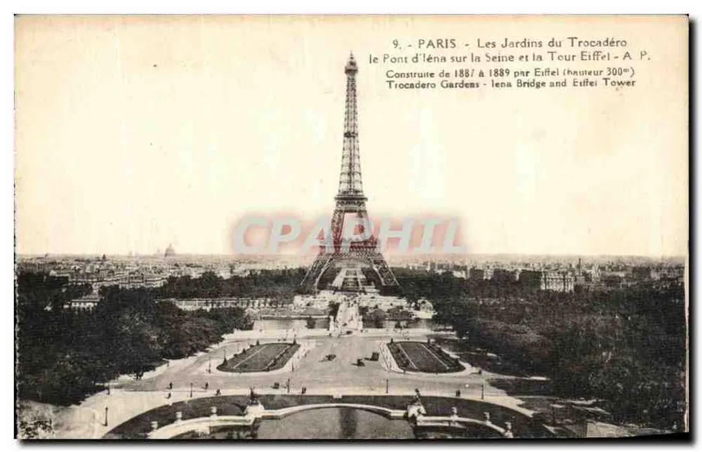 Paris - Die Gärten des Trocadéro — Iena-Brücke und Eiffelturm — A. P. - Vorderseite
