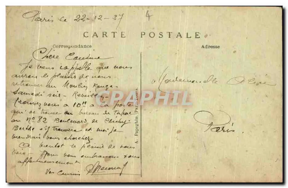 Paris (Montmartre) — O Moulin Rouge — A. P. — n°224 - Verso