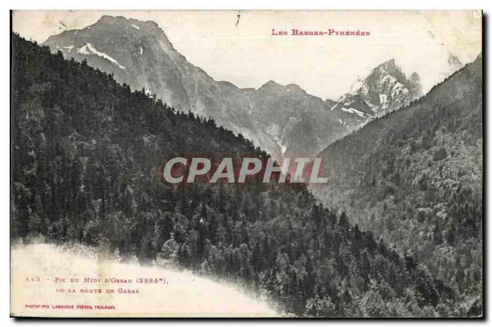 Pic du Midi d'Ossau (2686m) — vista da estrada de Gébroul — Fototype Labouche Frères, Toulouse - Frente