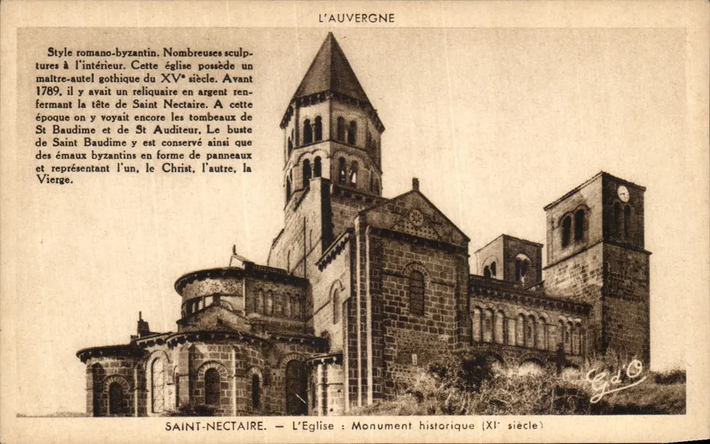 Saint-Nectaire — A igreja : Monumento histórico (século XI) — G. d'O. (editor) - Frente