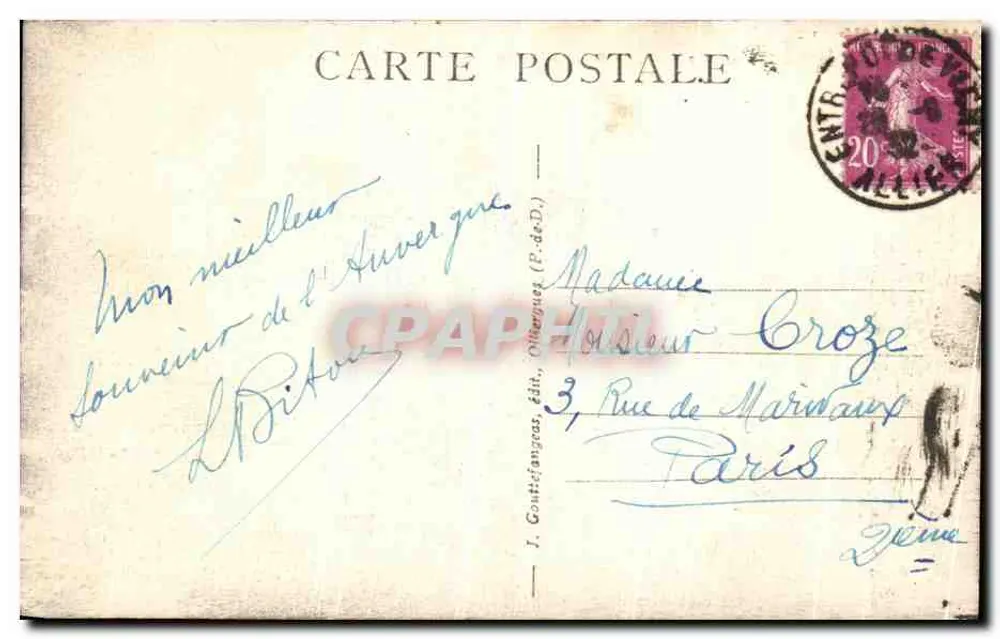 Margens da Dore em Pont-de-Dore — L'Auvergne — editor J. Contefangas (P.de.D.) — n° 141 - Verso
