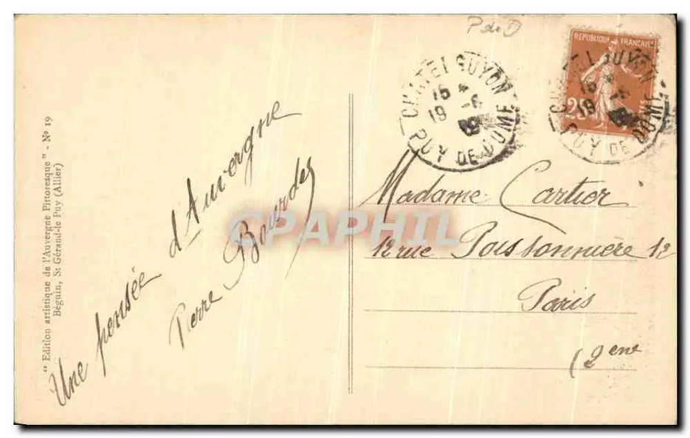 See Chambon und, im Hintergrund, die Sancy-Kette — Künstlerische Edition von Auvergne Béguin, St Géraud de Puy (Allier) — Nr. 19 - Rückseite
