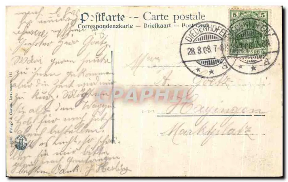 Metz - Neue Fontäne — Verzierte Brücke und Gebäude im Hintergrund — Fringe & Gachet, Nr. 112 - Rückseite