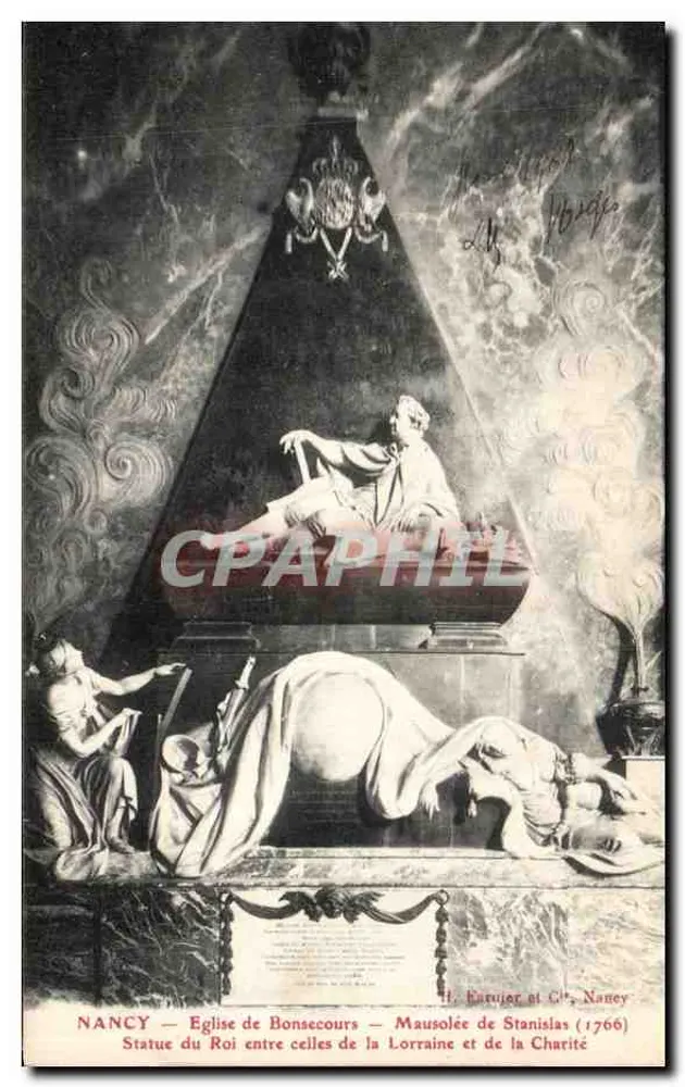 NANCY — Igreja de Bonsecours — Mausoléu de Stanislas (1766) — Estátua do Rei entre as de Lorena e Caridade — H. Caruier e Cie, Nancy - Frente