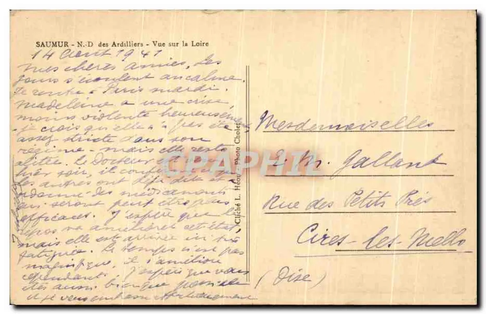 Saumur - N.-D. des Ardilliers — Vue sur la Loire, éditeur Cliché L. Héon - Rückseite