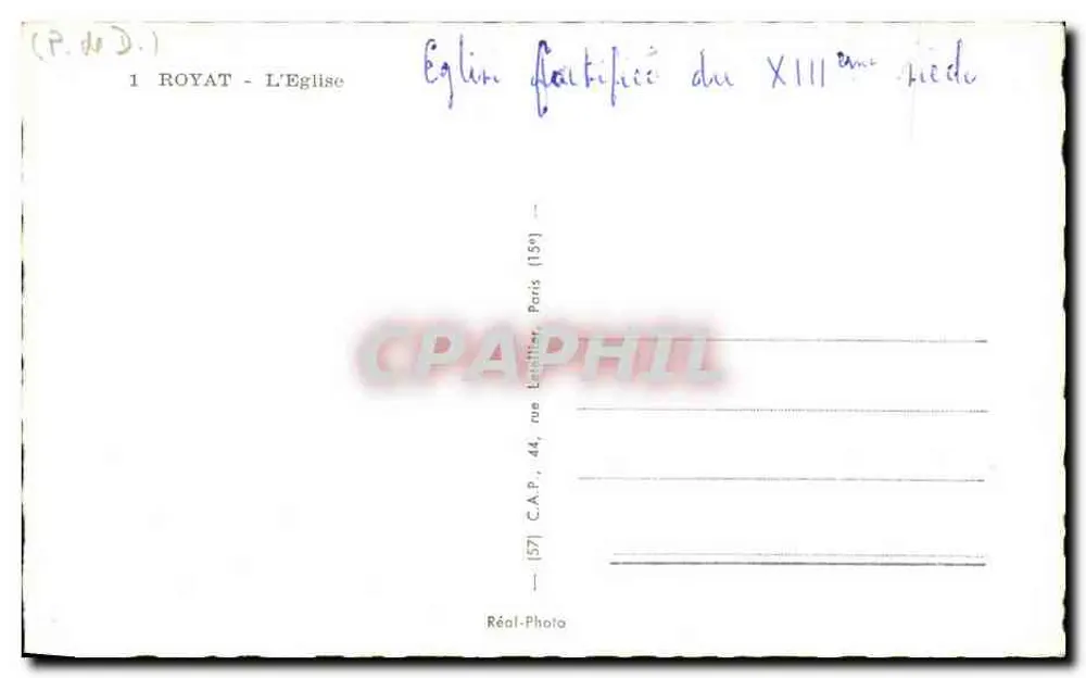 Royat — Zamek kościoła z XIII wieku — C.A.P., 44, rue Letailleur, Paris - Rewers