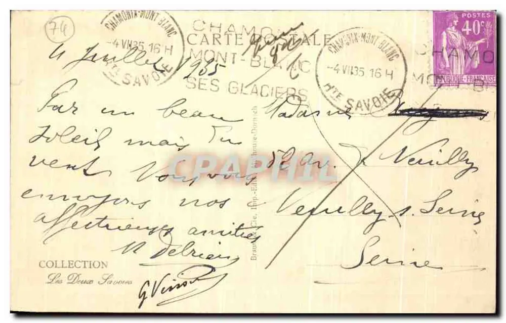 Chamonix — Hotels und Chalets; Pass des Montets und Gletscher du Tour — Aufnahme A. Jaun - Rückseite