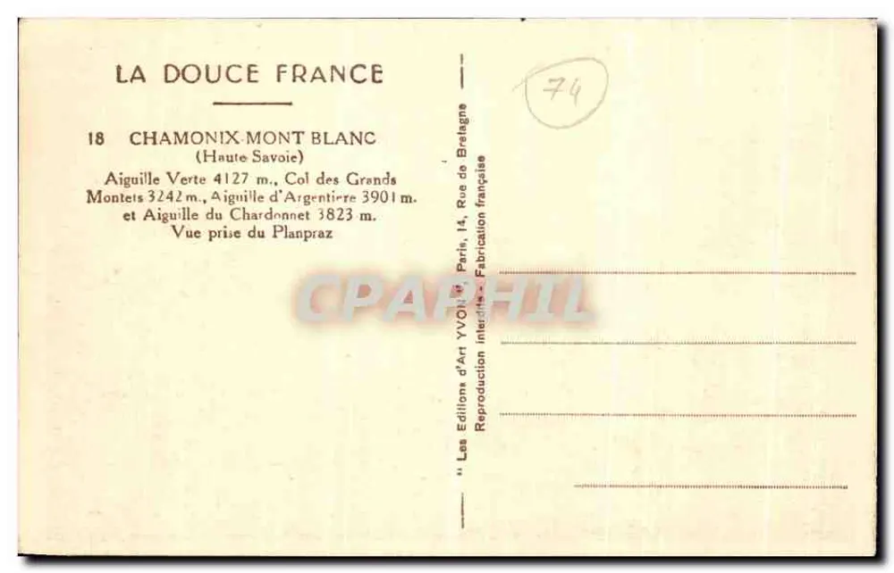 Aiguilles do Mont Blanc — Vista tirada do Planpraz — Les Éditions d'Art Yvon, Paris - Verso