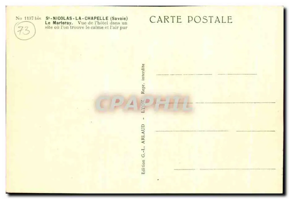 Hôtel du Marteray — St-Nicolas-la-Chapelle (Savoie) — Ausgabe G.-L. Arlaud, Lyon - Rückseite
