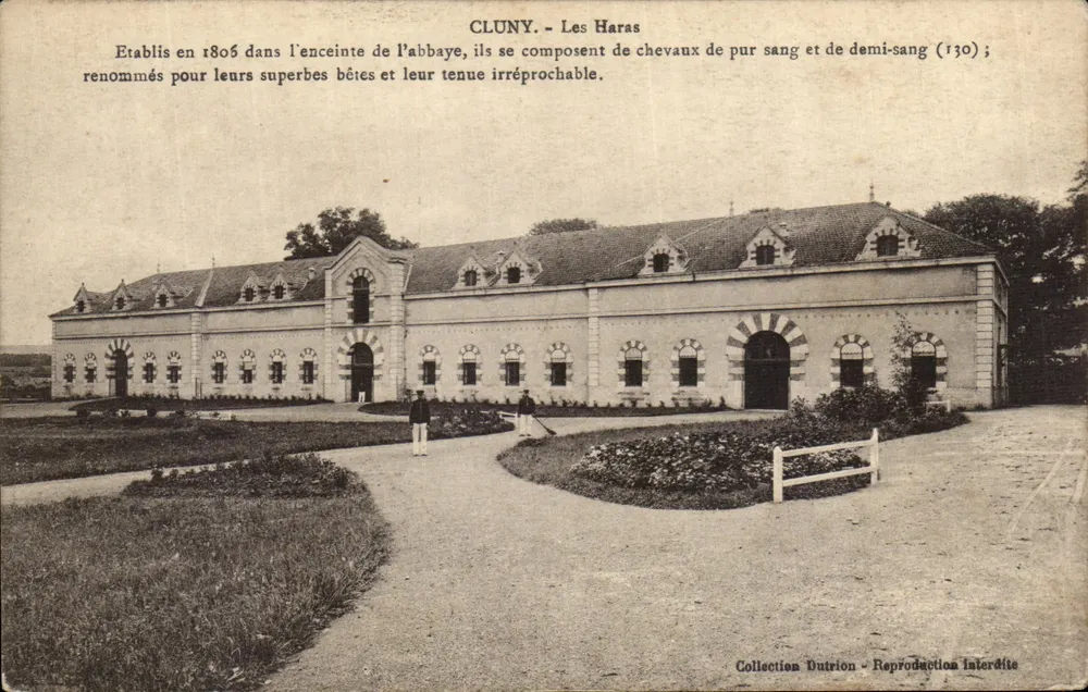 Cluny - Os Haras — estabelecidos em 1806 no interior da abadia, renomados por seus cavalos de sangue puro e meia raça — Coleção Dutrion, reprodução proibida - Frente