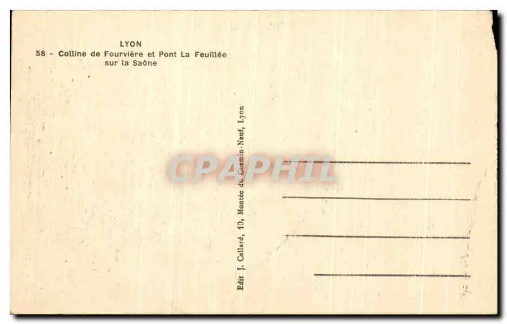 Lyon — Hügel Fourvière und Brücke La Feuillée über die Saône — Verlag J. Cellerd, 10, Montée du Guérin-Neuf, Lyon - Rückseite