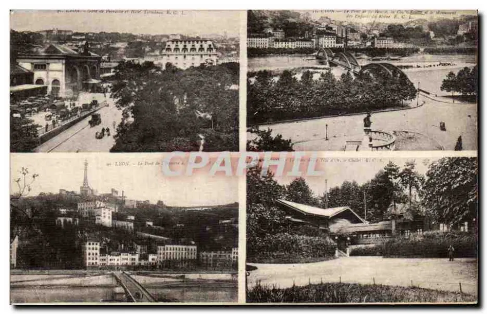 Lyon — Cztery widoki: Most Guillotière, Most Celnia, Most Wyspy i Zamek Wyspy — Wydawca E. C. L. - Awers