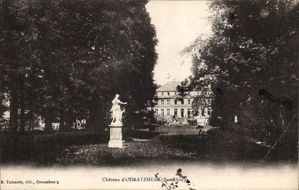 Château d'Odratzheim (Bas-Rhin) — vue du parc avec statue — éditeur E. Tutkovits, édit., Cronenbourg - Frente