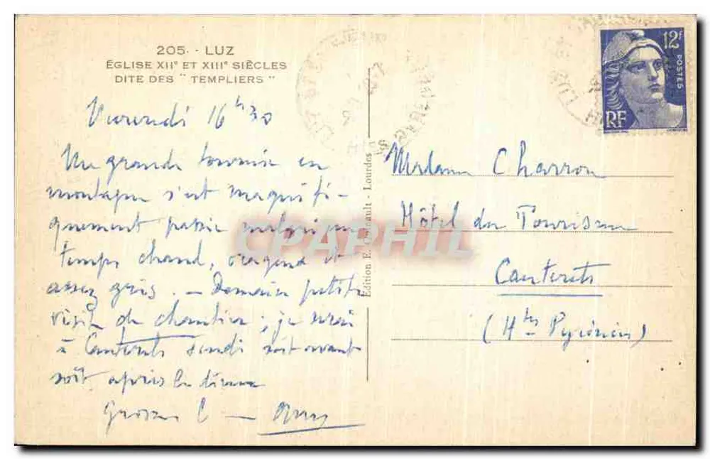 Luz — Igreja dos Templários — Edição E. Gault, Lourdes - Verso