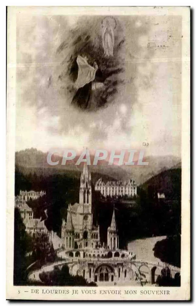 Lourdes — Ansicht der Basilika und Erscheinung der Jungfrau — Verleger unbekannt, n°5 - Vorderseite