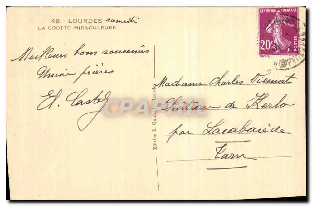 Lourdes — A Gruta Milagrosa — Edição E. Quinault Lourdes - Verso