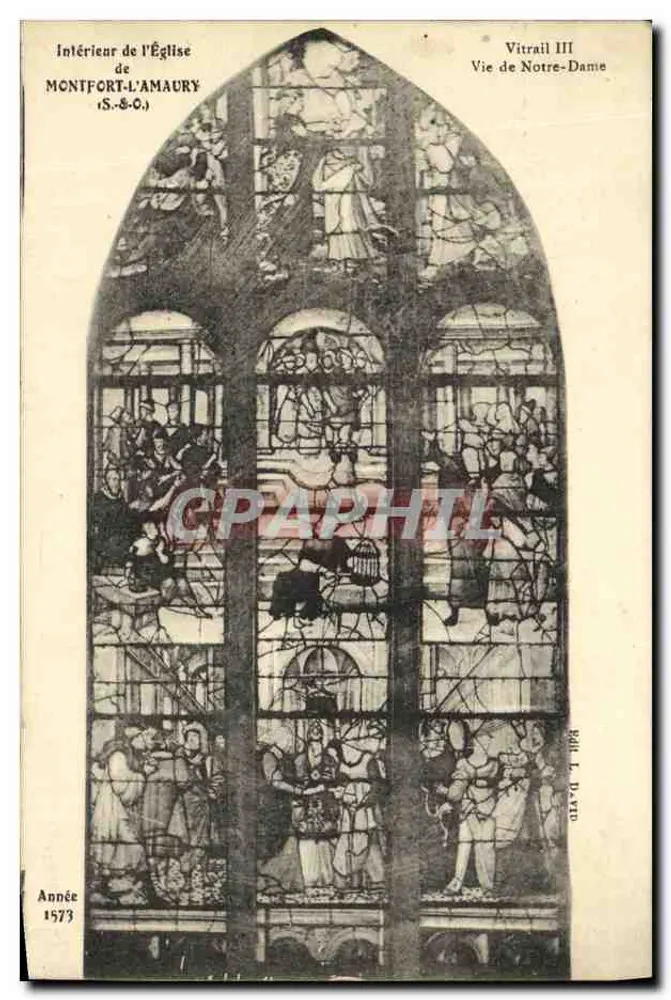 Innenraum der Kirche von Montfort-l'Amaury — Glasfenster III Leben der Jungfrau — Verlag L. David, Nr. 1573 - Vorderseite