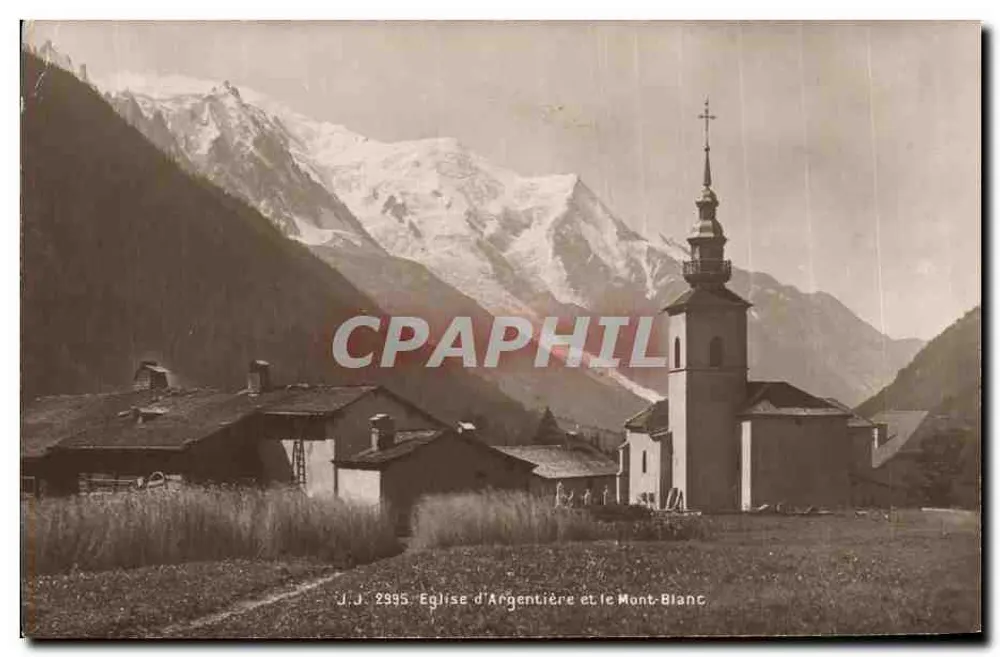 Igreja de Argentière e o Mont-Blanc — J.J. 2995 — Jullien frères, Phot Editeurs, Genebra - Frente