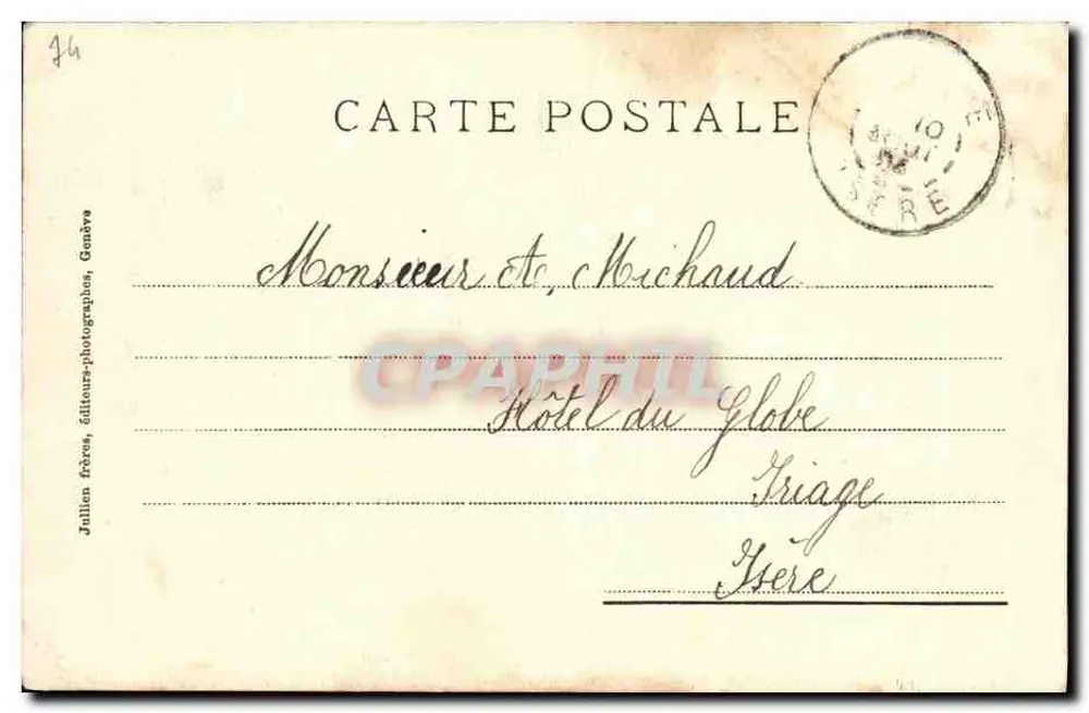 Allièves - Cachoeiras de Bauges — J.J. 2837 — editor Julien frères, Genebra - Verso