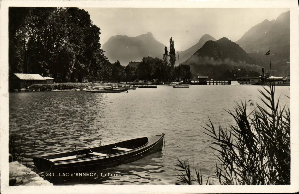 LAC d'ANNECY, Taltoires — vista do lago com montanhas e barco — editor Lay e Nourdin Réunis, n° 341 - Frente
