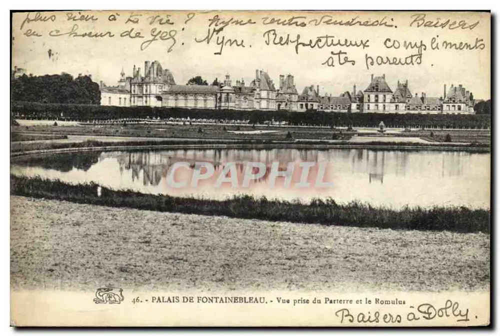 Schloss Fontainebleau — Ansicht vom Parterre und vom Romulus — Verlag Dolly, Nr. 46 - Vorderseite