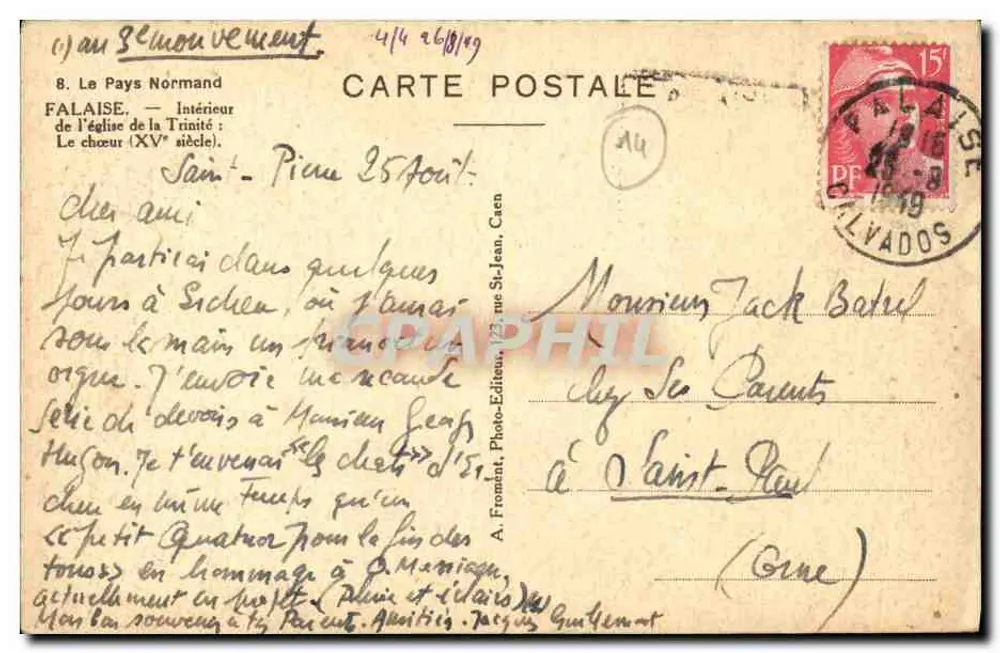Innenansicht der Kirche der Dreifaltigkeit — Saint-Pierre — Falaise — Verlag A. Fromkat - Rückseite