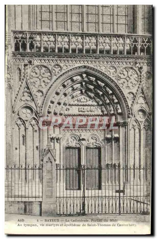 Bayeux — Die Kathedrale. Südtor — Auf dem Tympanon: Leben, Märtyrertod und Apotheose des Heiligen Thomas von Canterbury - Vorderseite
