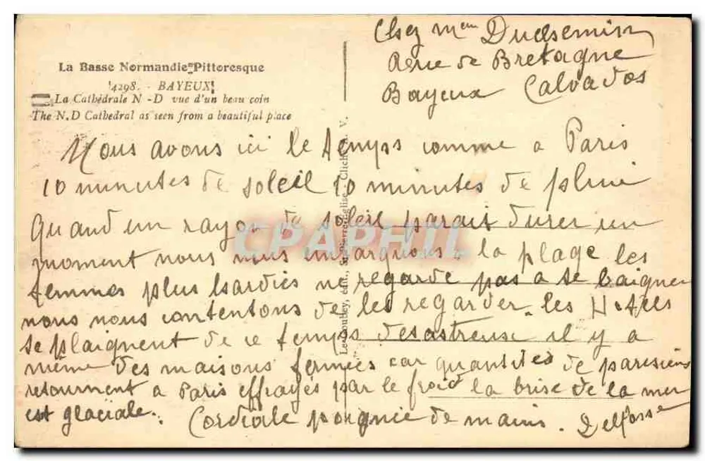 Notre-Dame-Kathedrale von einem schönen Platz aus gesehen — Bayeux — Verlag V. Leontiey - Rückseite