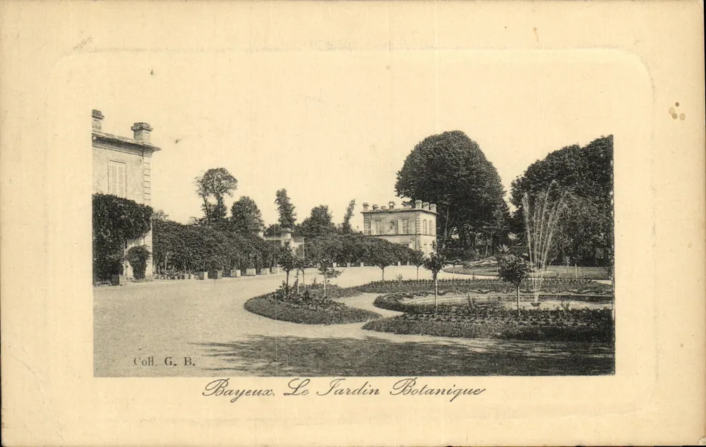 Bayeux. Le Jardin Botanique — vue du parc avec fontaine et bâtiment — éditeur Coll. G. B. - Frente