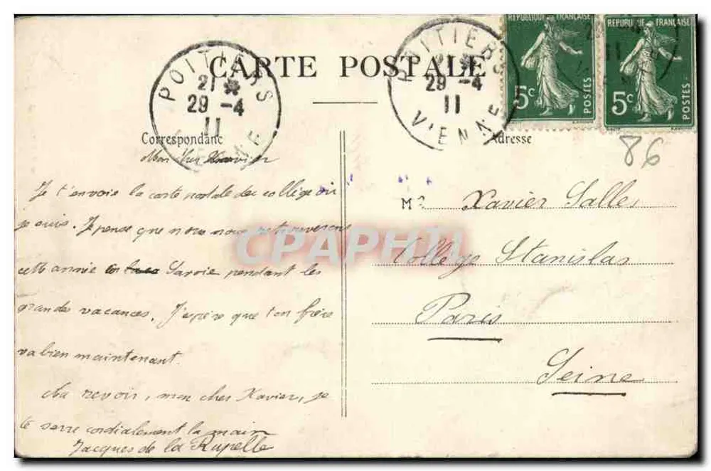 Poitiers — Colégio St-Joseph — C. Thirion, n° 86 - Verso