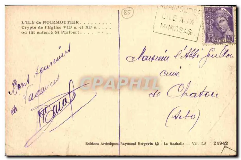 Cripta da Igreja — Ilha de Noirmoutier — Edições Artísticas Raymond Bergevin - Verso