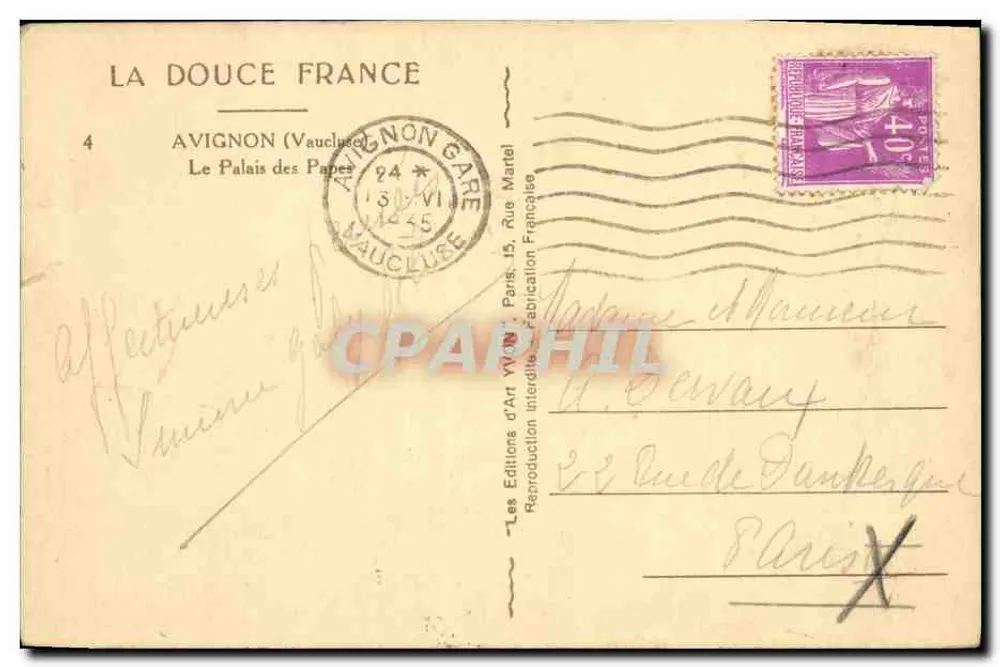 Avignon — O Palácio dos Papas — Les Éditions d'Art VIVON, Paris - Verso